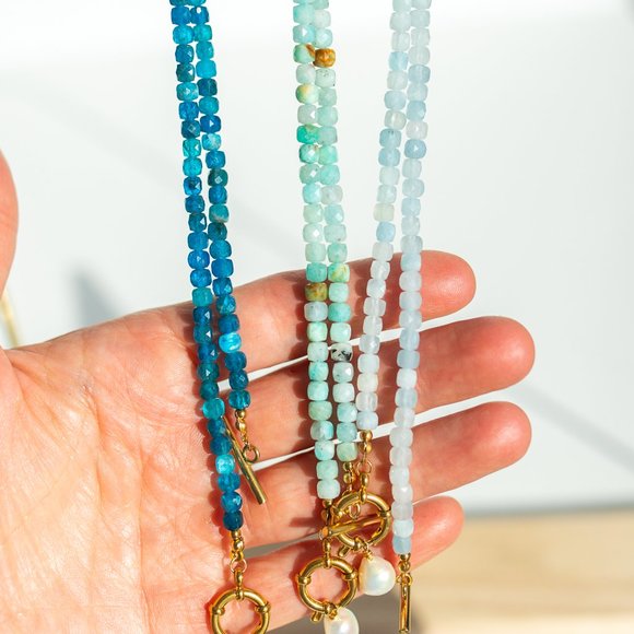 Blue Apatite Gemstone Necklace Gold Toggle Clasp Removable Baroque Pearl - Picture 8 of 16